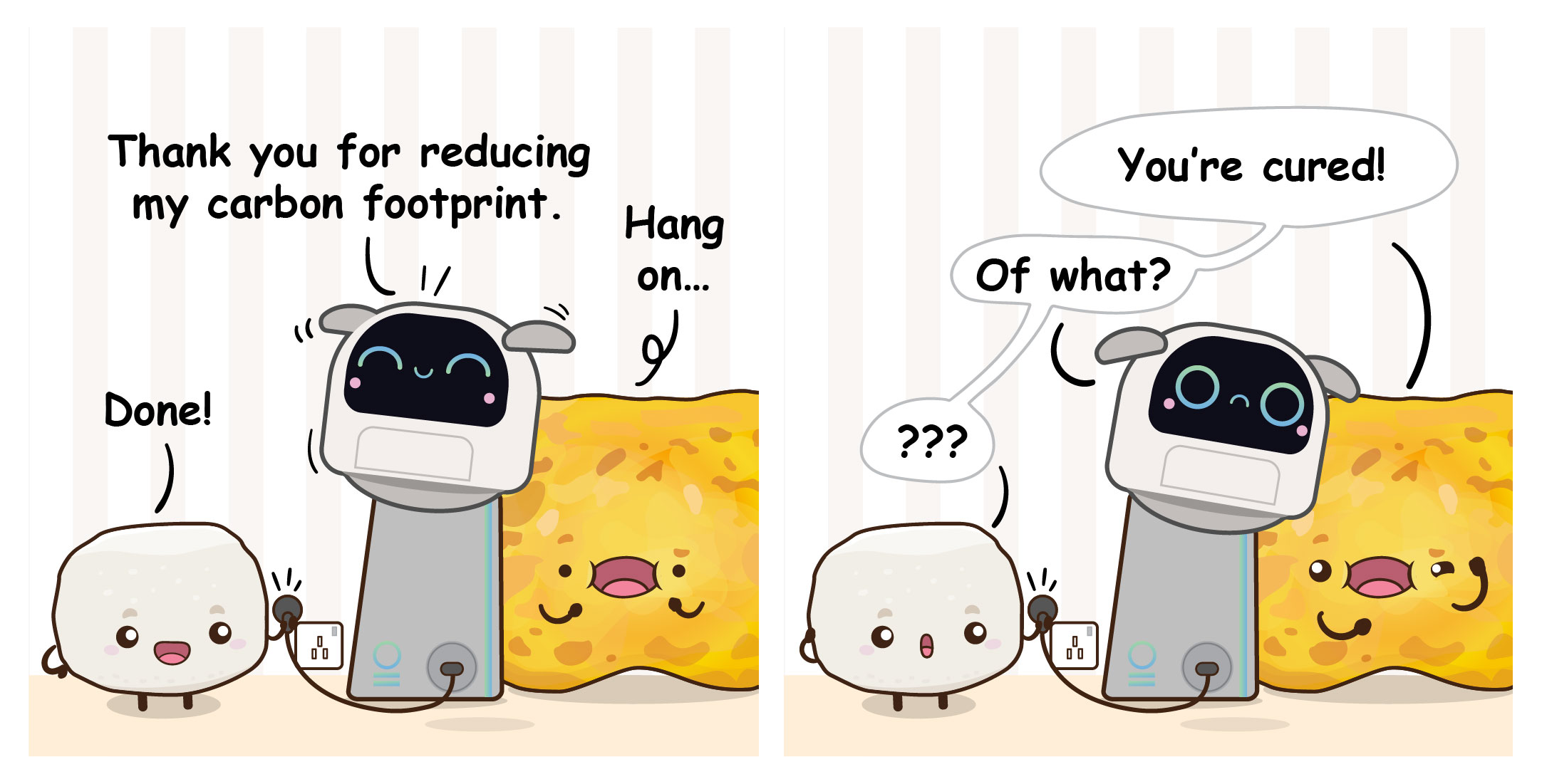 Two-panel comic where Bouncy unplugs Poodle's charger to cut carbon emissions, leading Flip to playfully claim Poodle has been cured.